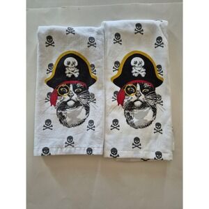 Happy Halloween Pirate Cat Hand Towel Set 2pc White 100% Cotton Skull Crossbones